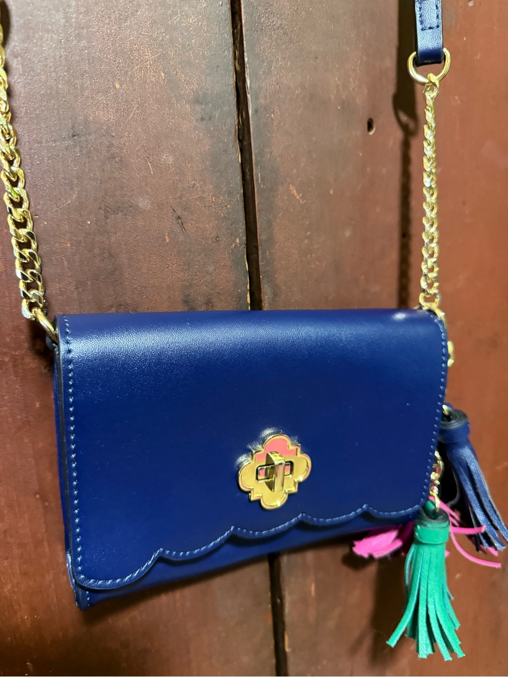 crown & ivy Blue Crossbody Bag with Gold Hardware and Tassel Charms